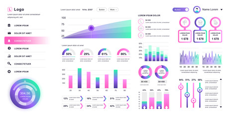 Dashboard UI. Admin panel vector design template with infographic elements, HUD diagram, info graphics. Website dashboard for UI and UX design web page. Vector illustration.