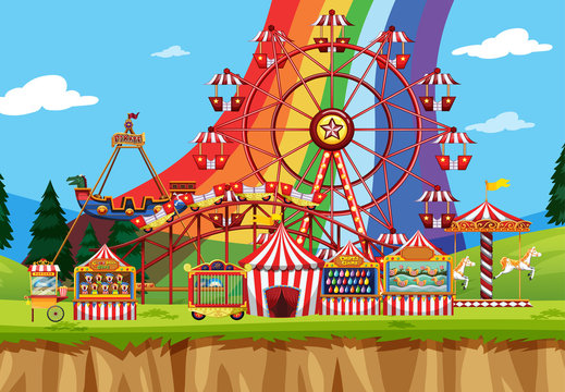Circus scene with many rides at day time