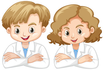 Boy and girl in science gown on white background
