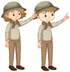 Boy and girl in safari outfit on white background