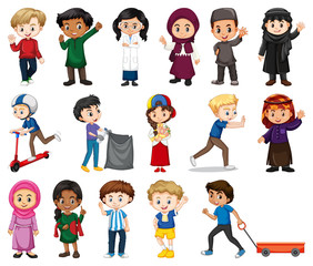 Large set of boys and girls doing different activity on white background