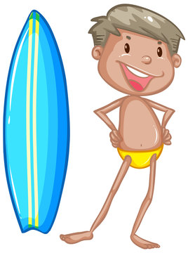 Sufer and surfboard on white background