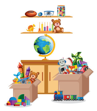Shelf and box full of toys on white background