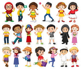 Large set of boys and girls doing different activity on white background © blueringmedia