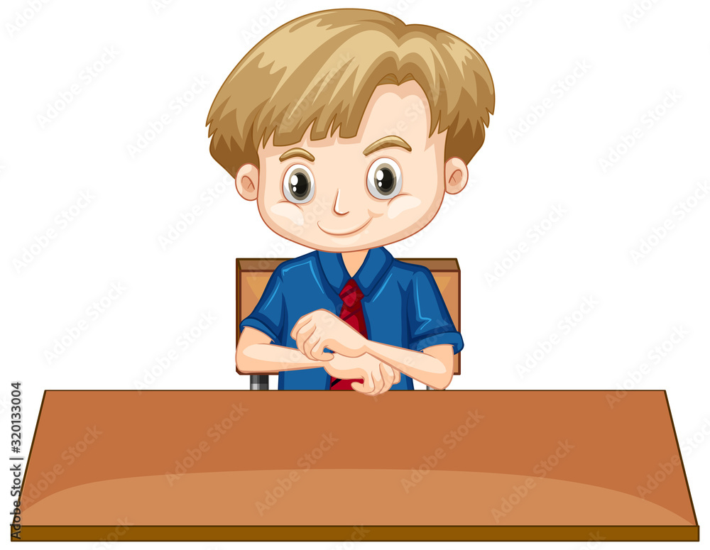 Wall mural Boy sitting on the wooden desk on white background