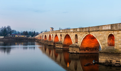 EDIRNE, TURKEY. Meric Bridge (Mecidiye Bridge) above Meric River.   .