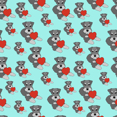 seamless pattern with cute cartoon dogs Schnauzer Portrait. Dog with red heart. Dog breed hand drawn vector illustration for background, wallpaper, fabric and other design.background. 