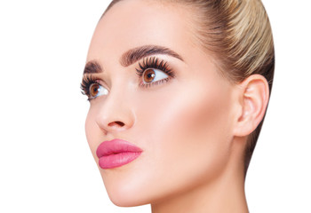 Beautiful bright blonde woman with plump pink lips.
