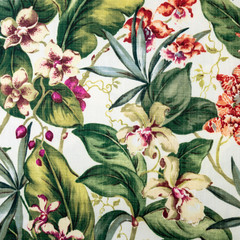 Fragment of colorful retro tapestry textile pattern with floral ornament and flowers useful as background