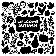 Welcome Autumn - Welcome Fall. Handwritten lettering with doodle floral elements. Black and white square greeting card. Vector element for cards, t-shirt printing and your design