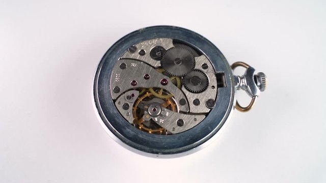 The working mechanism of the old retro pocket watch of the times of the USSR. Close-up
