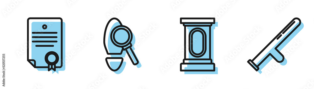 Sticker Set line Stage stand or debate podium rostrum, Certificate template, Magnifying glass with footsteps and Police rubber baton icon. Vector