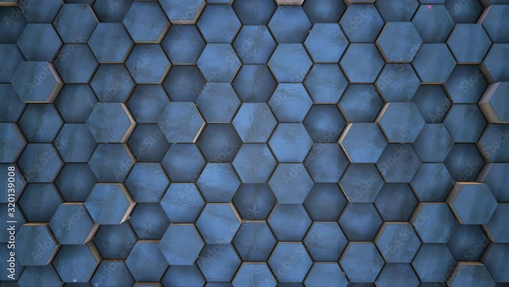 Poster 3d rendering. real abstract blue ice clean technical geometric hexagons dark background random motio