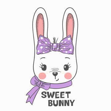 Cute cartoon rabbit girl face with bow. Sweet Bunny slogan. Vector illustration design for t-shirt graphics, fashion prints, slogan tees