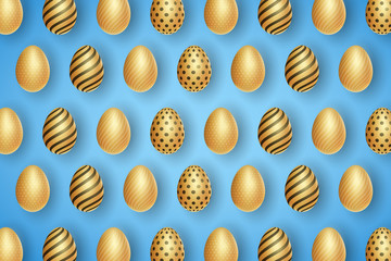 Easter festive background. Pattern of realistic golden eggs with a pattern on a blue background. Vector illustration