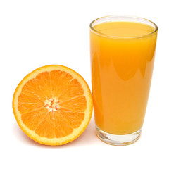 Slice orange fruit and juice isolated on white background. Perfectly retouched, full depth of field on the photo. Creative healthy food concept. Nature, juice. Flat lay, top view