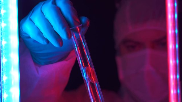 Scientist make a sciense experiment in genetically modified products. Environmentalist researcher in lablaboratory. Technician testing experimental innovation in pharmaceutical technology.