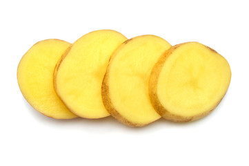 Creative young potato slice isolated on white background. Harvest new. Perfectly retouched, full depth of field on the photo. Flat lay, top view