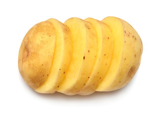 Creative young potato slice isolated on white background. Harvest new. Perfectly retouched, full depth of field on the photo. Flat lay, top view