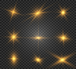 Set of bright beautiful stars. Light effect. Bright Star. Beautiful light to illustrate. Christmas star. White glitter sparkles with special light effect. Vector sparkles on a transparent background.