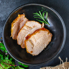 meat fried pork in roasting net (tasty and healthy meat grill food bbq) menu concept. background. top view. copy space