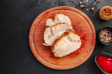 meat fried pork in roasting net (tasty and healthy meat grill food bbq) menu concept. background. top view. copy space