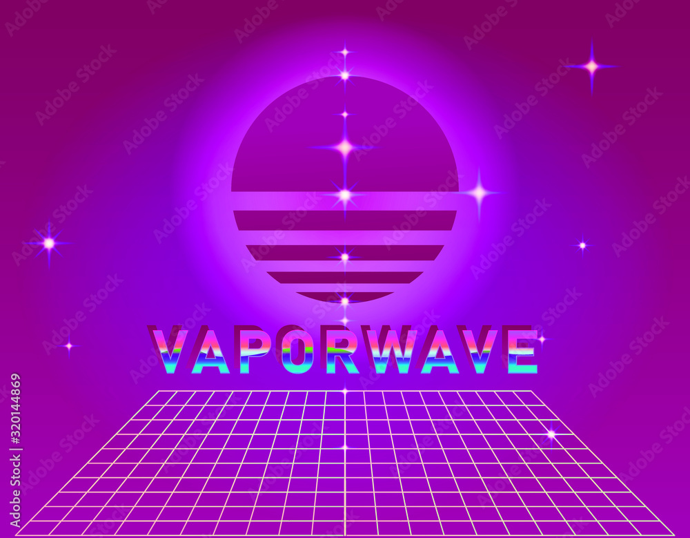Poster retrofuturistic landscape with endless laser grid and rising sun above it. vaporwave and retrowave s