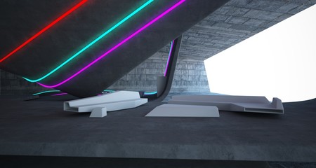 Abstract architectural concrete interior of a minimalist house with colored neon lighting. 3D illustration and rendering.