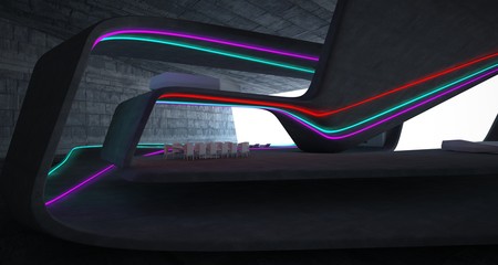 Abstract architectural concrete interior of a minimalist house with colored neon lighting. 3D illustration and rendering.