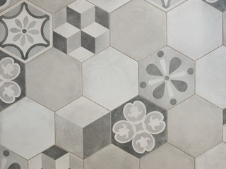 Hexagon gray tile with pattern closeup background texture