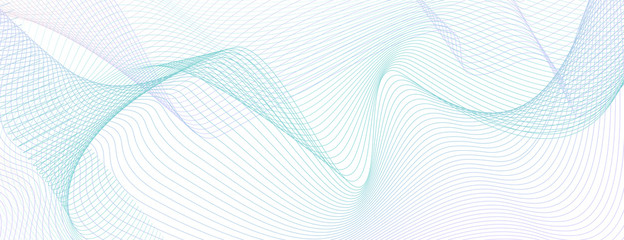 Colored industrial line art pattern. Thin teal, purple technology curves on white. Abstract vector background for cheque, ticket, banner, certificate, coupon, voucher. Watermark design. EPS10 image