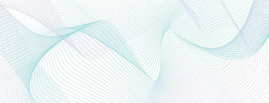 Colored industrial line art pattern. Thin teal, purple technology curves on white. Abstract vector background for cheque, ticket, banner, certificate, coupon, voucher. Watermark design. EPS10 image
