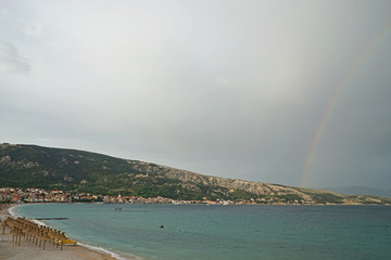 Naklejka na ściany i meble Rainbow over the sea and the beach, Baska, Croatia 