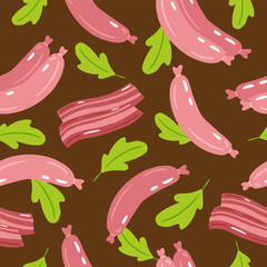 Vector seamless pattern of  bacon strips and sausages. Breakfast background. Cartoon style. Simple drawing food illustration.