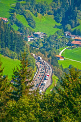 Highway heavy traffic Brennero pass, Italy