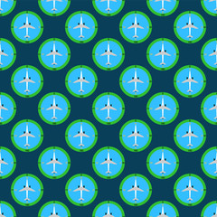 Symmetric seamless pattern of an aviation compass on a dark blue background. Flat vector illustration.