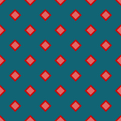 Card seamless pattern made of diamonds. Red-rhombus pattern on a blue background. Flat vector illustration.