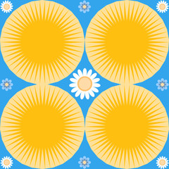 Joyfully spring sunny floral seamless pattern of forget me nots, daisies and suns on a sky blue background. Flat vector illustration.