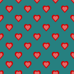 Card seamless pattern of hearts. Red-lovingly heart pattern on a green background. Flat vector illustration.