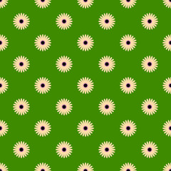 Symmetric sunflower seamless pattern on a green background. Flat vector illustration.