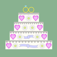 Festively beautifully decorated white flint wedding cake isolated on a green background. Flat vector illustration.