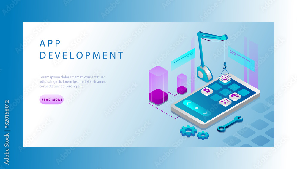Poster isometric landing page template of mobile application development with smartphone, process of develo