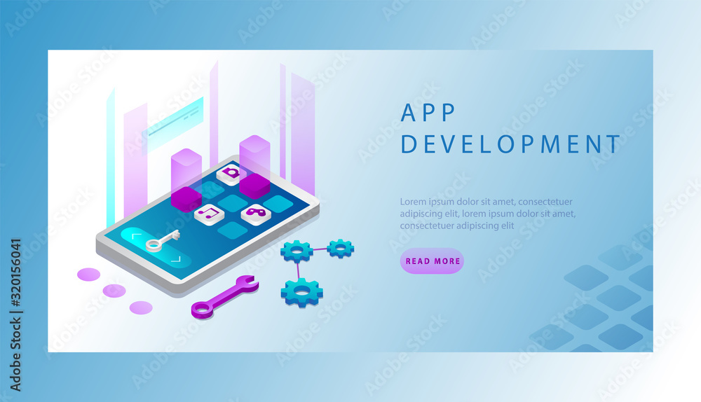 Poster isometric landing page template of mobile application development with smartphone on the abstract ba