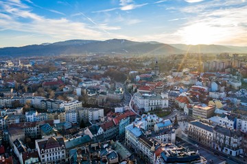 Aerial drone view on Bielsko-Biala. Bielsko-Biala is a city in southern Poland.