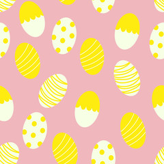 Seamless Pattern of Easter Eggs with Dots and Stripes on a pink Background