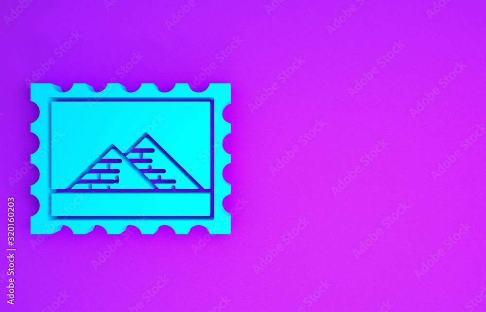 Wall mural Blue Postal stamp and Egypt pyramids icon isolated on purple background. Minimalism concept. 3d illustration 3D render