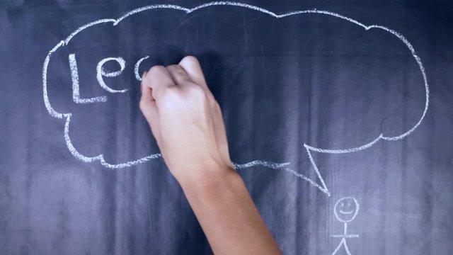Time lapse of woman hand drawing speech bubble with Learn English text on the blackboard