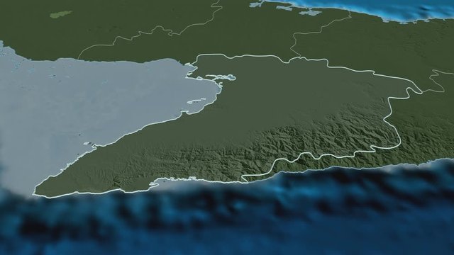 Granma, province with its capital, zoomed and extruded on the administrative map of Cuba in the conformal Stereographic projection. Animation 3D