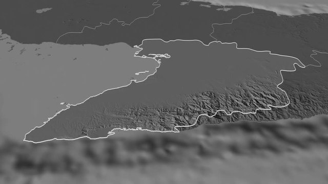 Granma, province with its capital, zoomed and extruded on the bilevel map of Cuba in the conformal Stereographic projection. Animation 3D