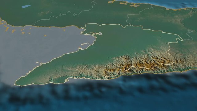 Granma, province with its capital, zoomed and extruded on the relief map of Cuba in the conformal Stereographic projection. Animation 3D